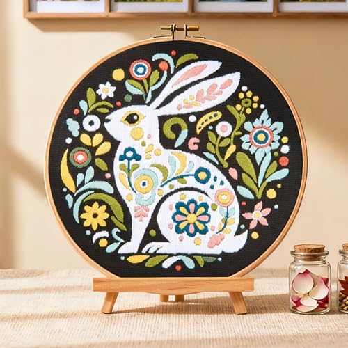Crafmanoe Embroidery Kits for Beginners Adults, Flowers Rabbit Embroidery Starter Kits, Counted Cross Stitch Kits for Beginners Adults Hobbies Set for Women, Embroidery Hoops, Thread & Video Tutorial