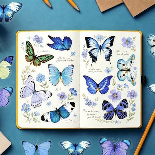40Pcs Vintage Stickers,Waterproof Transparent PET Aesthetic Decorative Sticker Scrapbooking Supplies for Adult Card Making Letters Planner Junk Journal Water Bottles Art Craft.Blue Butterfly
