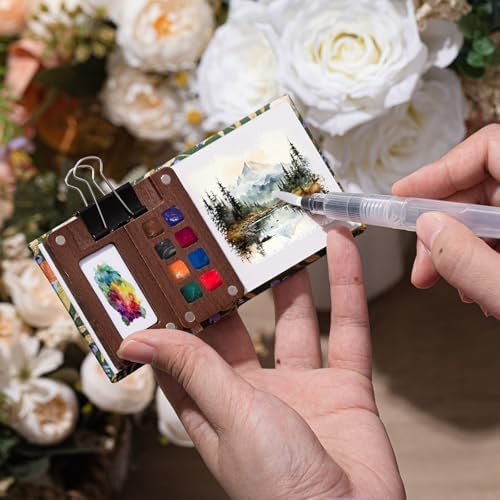 Qilery Mini Portable Watercolor Palette Set Wooden Grid Paint Box Watercolor Paper Sketch Book Brush Pens with Binder Clip for Painters Artist Not Include Paint(Bird)