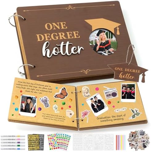 CY2SIDE Graduation Photo Album Scrapbook - 30Page One Degree Hotter Wooden Graduation Scrapbook Craft Kit School Day Memory Book DIY Class 2026 Graduate Handmade Album Gift for College Senior Grad