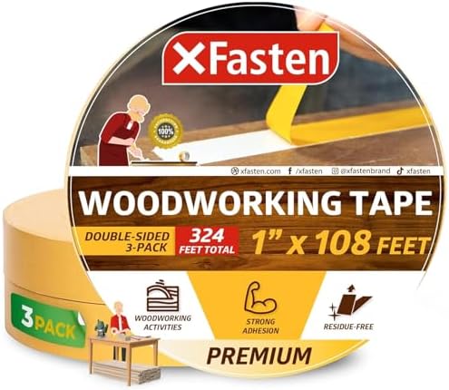 XFasten Double Sided Woodworking Tape 1 Inch x 108 Feet (3-Pack), Residue-Free, Removable Double Sided Woodworking Masking Tape for Wood Template, Mounting Boards MDF Edge Banding, Routing, Anchoring