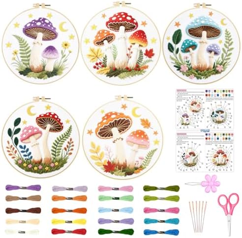 ORIGACH 5 Pack Mushroom & Plants Embroidery Kits for Beginners DIY Starter Hand Embroidery Kit with Floral and Plants Patterns and Instructions for Adults Women Crafting