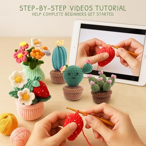 HOUSE CREATIVITY Crochet Kit for Beginners, Make 5 Hanging Potted Crochet Plants, Amigurumi Kit with Video Tutorial, Yarn, Hook & Pots, Cozy Stress Relief Gift for Adults, Cute Desk & Office Decor