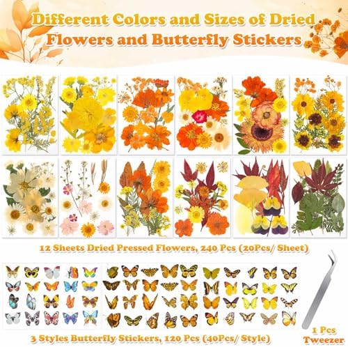 361 Pcs Fall Dried Pressed Flowers Butterfly Stickers for Resin Crafts