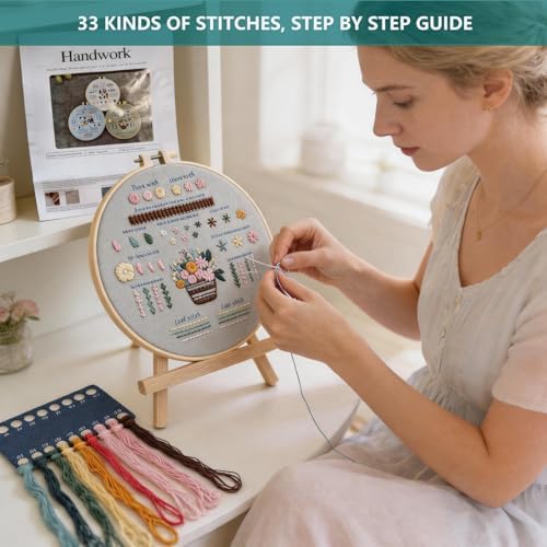 Gocomcom Embroidery Kit for Beginners, 3 Sets Cross Stitch Kits for Adults, Learn 33 Core Stitches, Needle Point Kits with Step-by-Step Instructions, DIY Craft Hobby Supplies for Women