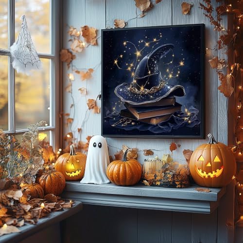 Halloween Paint by Numbers Kit for Adults with Frame Easel 10x10 inch | Halloween Hat Framed Paint by Number Adult,Book Adult Paint by Number, Magic Home Wall Decor DIY Acrylic Oil Painting