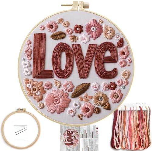 FONNUY I Love You Embroidery Kit for Beginners, Pre-Stamped Pattern Kits, Romantic Anniversary for Women Men, Valentine's Day Gifts Thread Needlework, 8'' Hoop (Love 02)