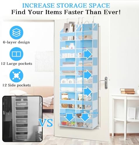 Over The Door Organizer 6 Tiers, Extra Large Behind Door Storage of 12 Compartments, 80 lbs Weight Capacity Hanging Storage Organizer with Clear Window Kids Toys,Shoes,Diapers,Room Storage,Blue