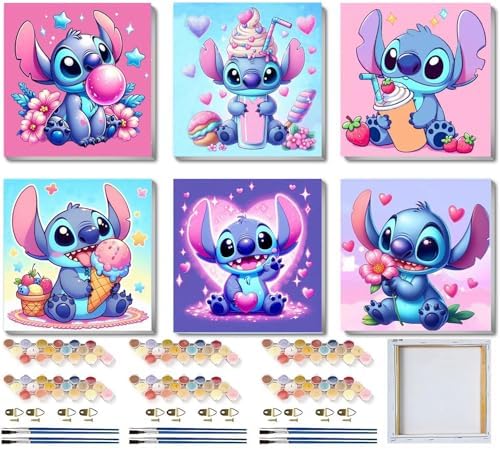 CraftyTime 6 Pack Cartoon Paint by Numbers Kits for Kids with Framed Canvas Paint by Number for Kids Ages 4-8-12, DIY Easy Acrylic Oil Painting Kits for Home Wall Decor (8X8inch)