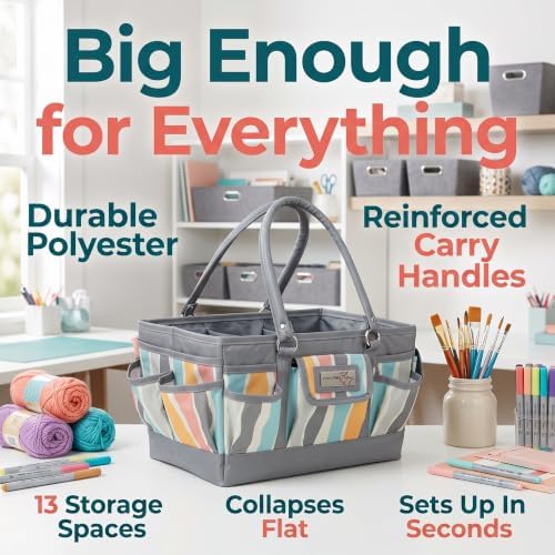 Everything Mary Deluxe Store & Tote Organizer – Grey Stripes Craft Caddy with Handle – Art Storage Tote for Sewing, Scrapbooking, DIY Projects & Crafting Tools