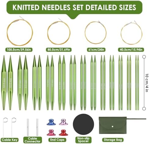 Interchangeable Circular Knitting Needles Set Premium Aluminum Knitting Kit 13 Pairs of 4 Inch with 4 Cables, Accessories and Storage Bag Green