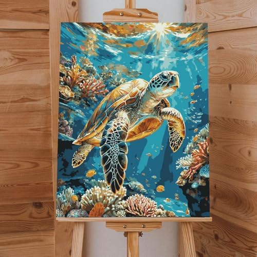 Lovepefe Sea Turtle Paint by Numbers Kit for Adults with Framed Oil Painting Kit Beginner Turtle DIY Painting Kits for Adults Paint By Number On Canvas for Gift Home Wall Decor 12x16 Inch