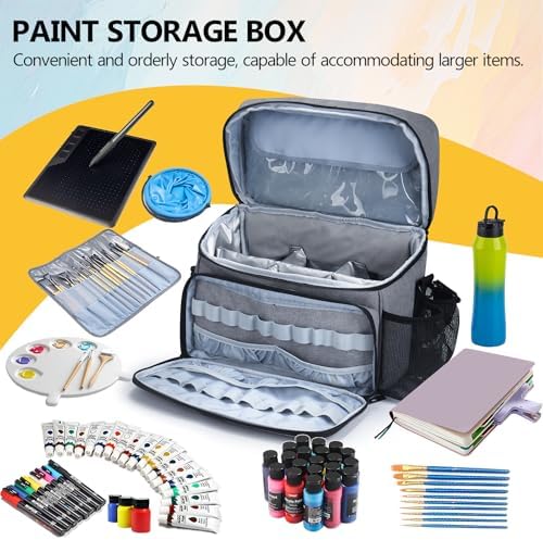 Acrylic Paint and Brush Set Organizer Bag - Carrying Case Compatible with Apple Barrel, Shuttle Art, Caliart Art Supplies - Includes Detachable Paint Brush Holder - for Travel/Outdoor Sketching (Gray)