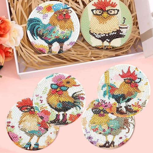 Diamond Art Coasters Kit, 8 Pieces Chicken Diamond Painting Coasters Kit