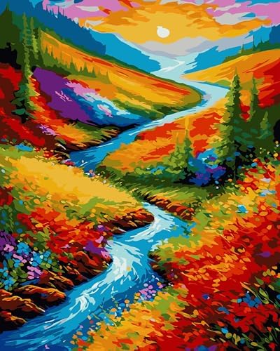Yunnuo Landscape Paint by Numbers Kits for Adults, Easy Paint by Number Sunset and Creek, DIY Oil Painting with Brushes Acrylic Paints for Home Wall Decor 16x20 Inch