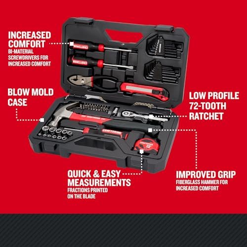 CRAFTSMAN 57 Piece Mechanics Tool Set Home Tool Set, Sockets, Ratchet, Screwdrivers, Hammer, Pliers, Hex Keys, Specialty Bits Hand Tools (CMMT99447)