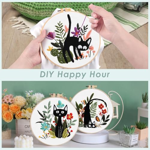 ERKOON 5 Sets Embroidery Kit for Beginners Adult Cat Cross Stitch