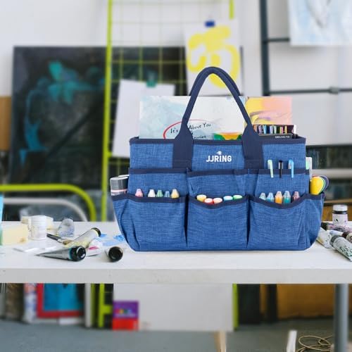 JJRING Craft Tote Bag Organizer For Art Storage With Multiple Pockets, Blue