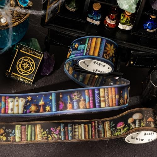 Magic PET Washi Tape Set,6 Rolls Vintage Reading Themed Scrapbook Tape Stickers for Journaling Supplies,Bullet Journaling,Planner,Notebook,Calendar,Photo Frame,DIY Craft(Magician Bookcase)
