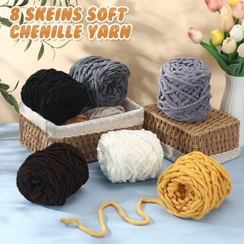 Buryeah 8 Pack Chunky Chenille Yarn for Crocheting, Brown Series