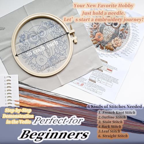 FONNUY Embroidery Kit for Beginners, Owl Flowers Pre-Stamped Pattern Kits for Adults with Hoop, Easy to Follow Color Thread Needlework, 8'' Hoop (Blue)
