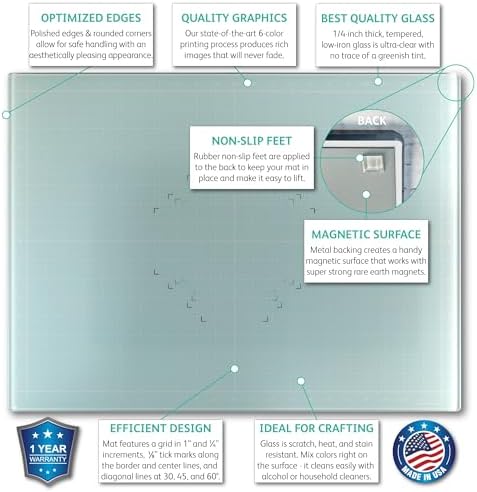 GLASSBOARD STUDIO Aqua Glass Craft Mat (9x12in) - Magnetic, Heat & Scratch Resistant, Stain-Proof for Crafting, Cutting, Painting, Mixed Media Artwork - Grid & Angle Lines, Non-Slip Rubber Feet