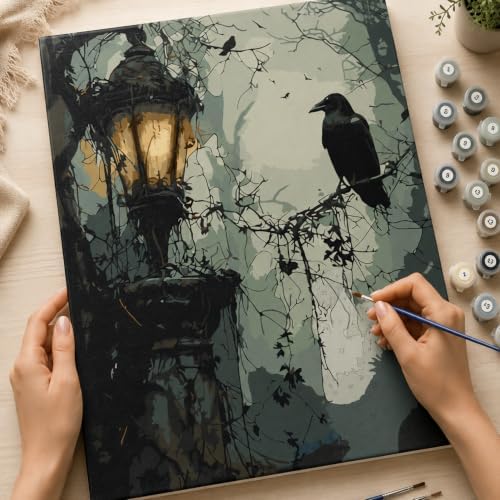 Gothic Paint by Numbers Kit for Adults,Crow DIY Paint by Number with Frame