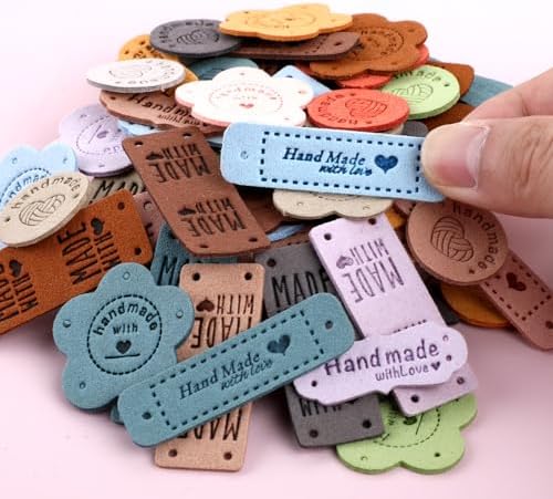 50pcs Handmade Tags for Crochet Handmade Leather Labels Faux Handmade with Love Leather Tags for Handmade Items Embellishment Knit Accessories with Hole for DIY Crafts Sewing Crochet Knitting Hats