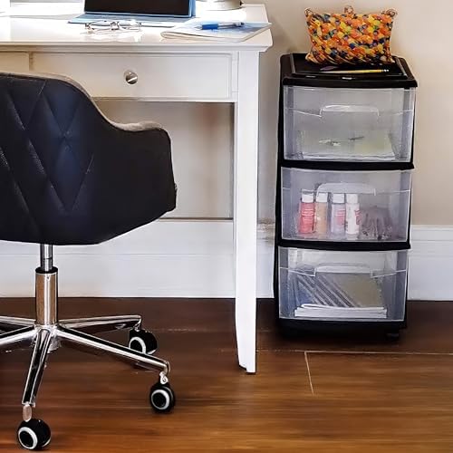 HOMZ Drawer Tower, 3-Tier Storage Cart with Removable Wheels, Black Frame