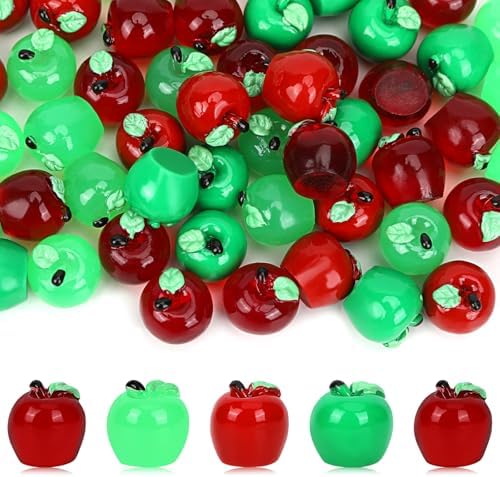JUNEBRUSHS 50 Pcs Mini Resin Apples Red Green Tiny Apples Figurines