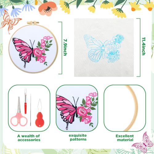 Riceshoot 8 Set Butterfly Floral Embroidery Kit for Beginner Adults Butterfly Embroidery Cross Stitch DIY Craft Needlepoint Pack Kits with Pattern Instruction Cloth Hoops Thread Needle Scissors