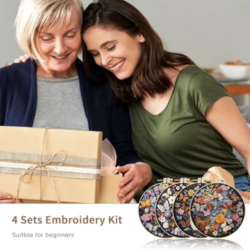 LB 4 Pack Colorful Floral Embroidery Kit for Beginners Nature Butterfly Beginner Embroidery Kit for Adults DIY Starter Kit with Embroidery Hoop Colorful Threads Tools Step by Step Instructions