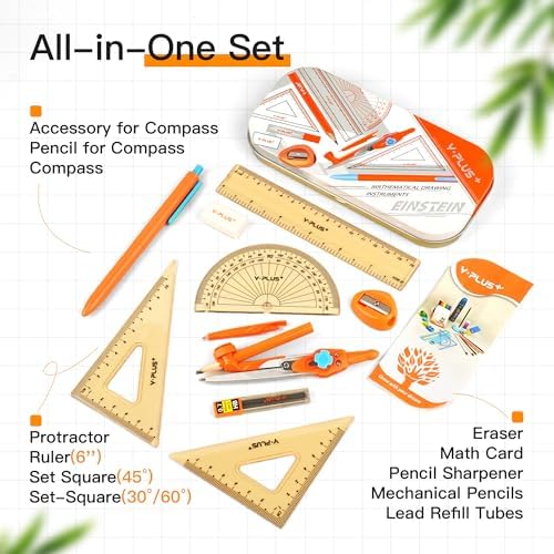 YPLUS Geometry Set, Protractor and Compass Set for Students, 12Pcs | Compass Drawing Tool with Metal Case, Rulers, Protractor, Mechanical Pen, Back to School Supplies for Students