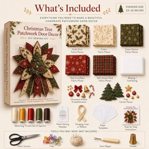 Festive Quilted Christmas Door Hanging DIY Sewing Kit, Christmas Quilted Bow DIY Kit with Fabric, Batting, Thread, Templates & Instructions, Patchwork Hanging Decor Kit for Door Wall Display