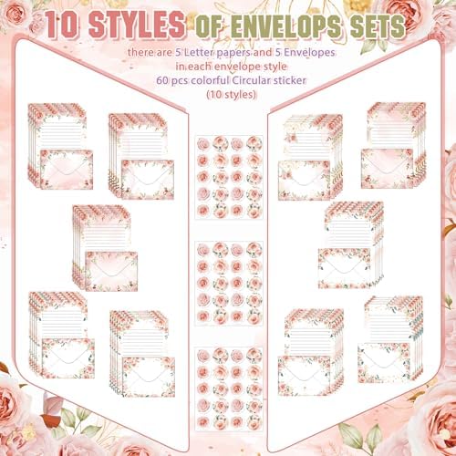 TaoBary 160 Pcs Pink Floral Stationery Paper and Envelopes Set 5.5 x 8.25''