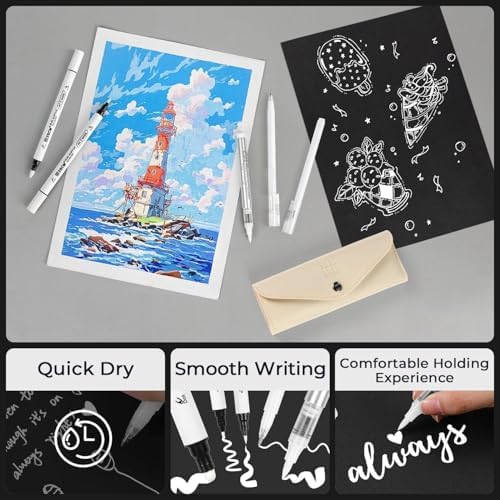 8 Pack White Acrylic Ink Pens for Drawing, Fine Point White Gel Pens, Brush Tip Markers，Dual-Tip Opaque Acrylic Markers for Highlighting Drawing, Sketching, Illustration, Card Making