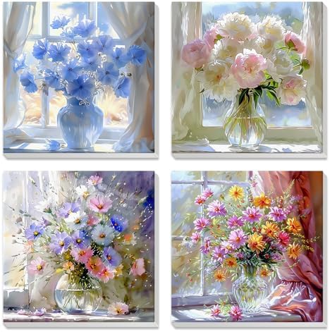 NEWENMO 4 Pack Paint by Numbers for Adults with Wooden Framed, Wildflowers in Vase, Paint by Number Kits on Canvas for Beginner, DIY Acrylic Oil Painting Kits for Home Decor 8x8 inch, Colorful Flowers