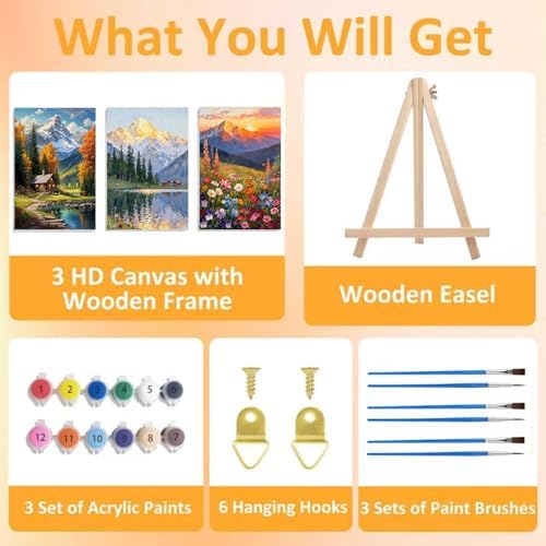 3 Pack Framed Paint by Numbers for Adult with Wooden Easel (8x12 inch) | Mountain Scene Paint by Number on Canvas Oil Painting Kit with Brushes, Easy Adults' Paint-by-Number Kits for Home Wall Decor