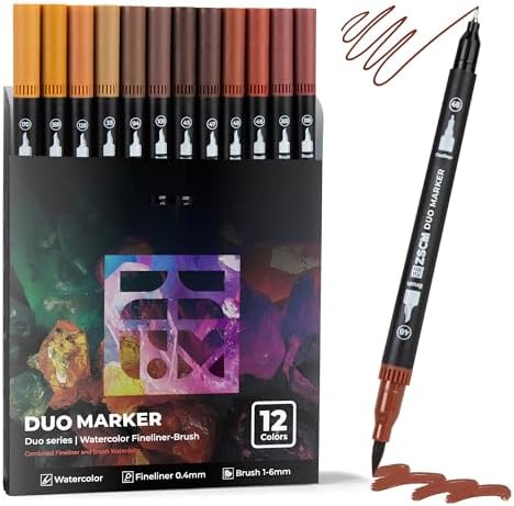 Brown Duo Tip Marker Pens, 12 Fine & Brush Tip Pen For Adult Coloring Books