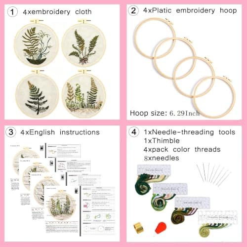 Fern Botanical Embroidery Kits for Beginners Adults, Vintage Plant Embroidery Sets Needlepoint Kits, Stamped Cross Stitch Kits for Beginners Adult, 4 Embroidery Hoops, Fabric (Attached Video Tutorial)
