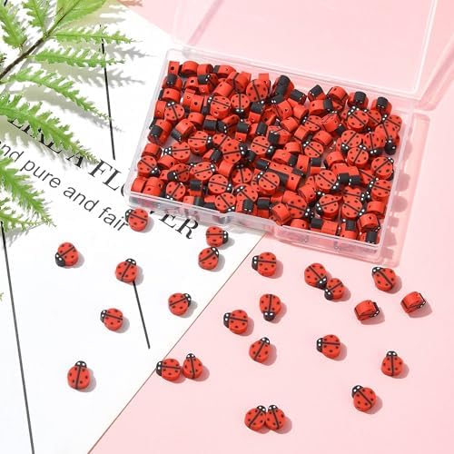 200Pcs Ladybug Polymer Clay Beads for Bracelets Making, Handmade Orange Red Animal Ladybird Spacer Beads for Jewelry Necklaces Earrings Keychain Making and Crafting Craft Gift