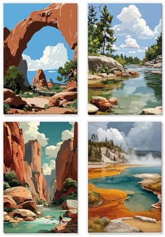NEWENMO 4 Pack Paint by Numbers for Adults with Wooden Framed, Rock Canyon, Lake, Paint by Number Kits on Canvas for Beginner, DIY Acrylic Oil Painting Kits for Home Decor 8x12 inch, National Park