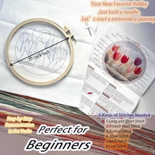 FONNUY Embroidery Kit for Beginners, Tulips Flowers Pre-Stamped Pattern Kits for Adults with Hoop, Easy to Follow Color Thread Needlework, 8'' Hoop (White)