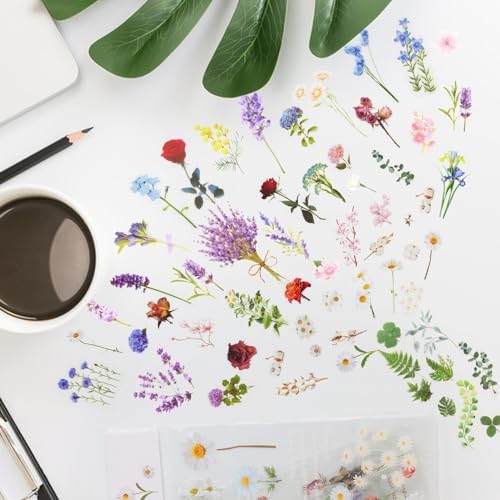160Pcs Natural Flower Stickers for Scrapbooking,Self-Adhesive Transparent Flower Stickers Scrapbook Supplies Journaling Supplies for Adult Card Making Letters DIY Water Bottle Cards Decoration