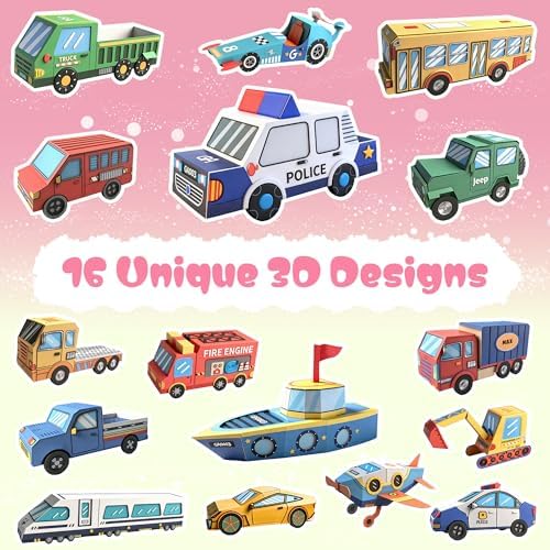 2 Themes in 1, 3D Paper Model Kits for Kid, DIY Origami Kit for Kids Ages 8-12, Include 16 Pre-cut, Easy-to-Assemble Transport & Vehicle Models, Origami Kit for Kids Ages 8-12，Paper Model Kits for Kid