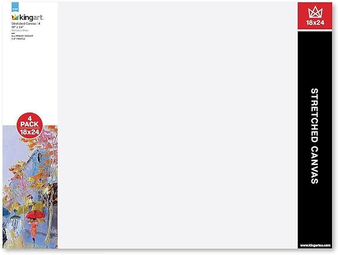 KINGART Stretched White Canvas Set – Rectangle, 18x24 Inch, 4-Pack – 100% Cotton, Triple Gesso Primed – 5/8" Profile Back-Stapled Artist Boards for Acrylic, Oil, Pouring, & Mixed Media Painting