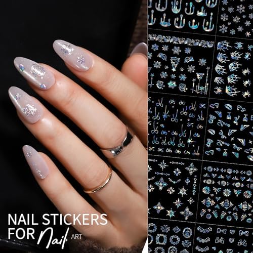 Teenitor 50 Sheets Aurora Nail Stickers for Nail Art, Star Nail Art Stickers for Kids Women, Laser Silver Nail Decals Fingernail Stickers for Holiday, Self-Adhesive Nail Decorations
