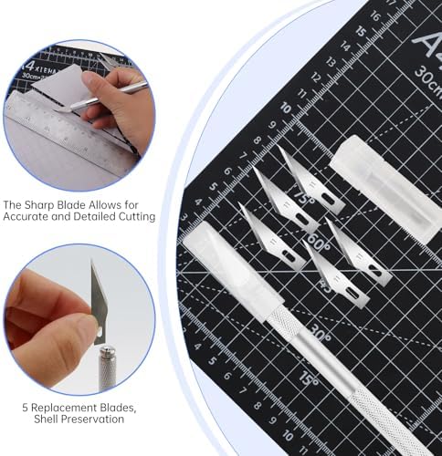 A4 Self Healing Cutting Mat & Carving Craft Knife with 5 Extra Blades and Stainless Steel Cork Ruler 12 inch / 30cm Dual Scale for DIY Art Work Cutting, Hobby, Stencil, Scrapbooking Stencil