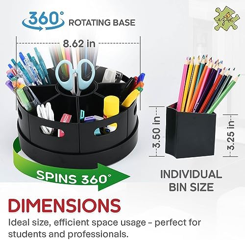 Black Rotating Desk Organizer with Dividers Lazy Susan Caddies for Home School Office Supplies, Pens, Markers and Art Supplies for Classroom