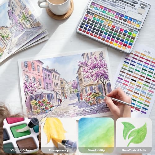 JusArt 108 Colors Watercolor Paint Set,Art Supplies with Metallic Color, Detail Painting Brushes, Water Brush Pens, Portable Travel Watercolor Painting Set for Artists